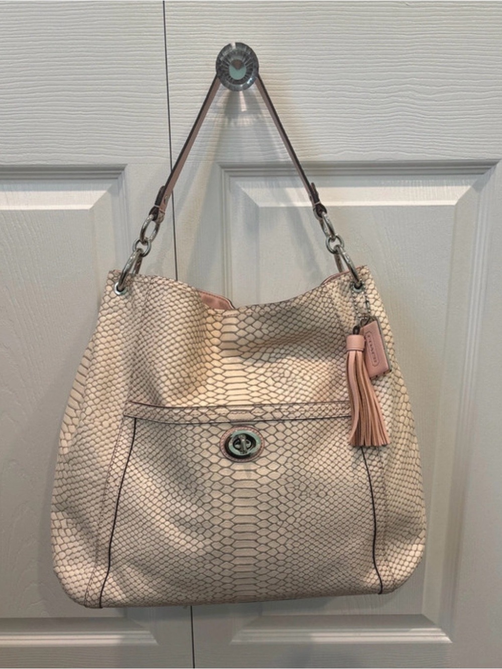 Coach Cream Park Python Embossed Leather Hobo F24383 Pink & Tan Limited Ed '13